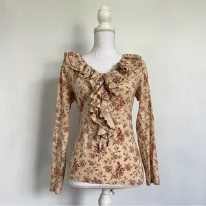 Cream & pink floral ruffled long sleeve blouse.